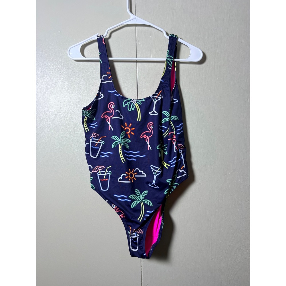 Chubbies Womens Neon Flamingo Palm Tree One Piece Swimsuit Navy Blue Medium